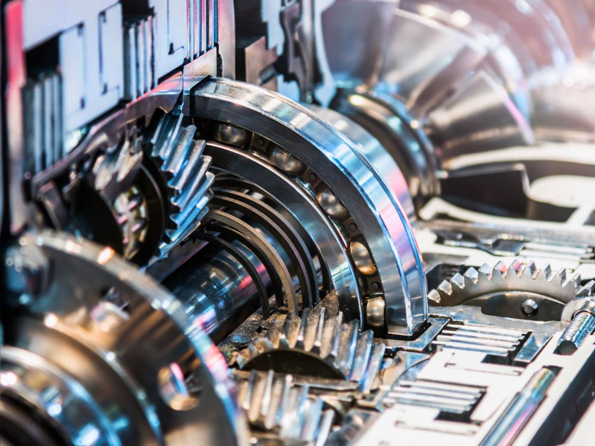Cutaway view of gears and bearings inside a machine