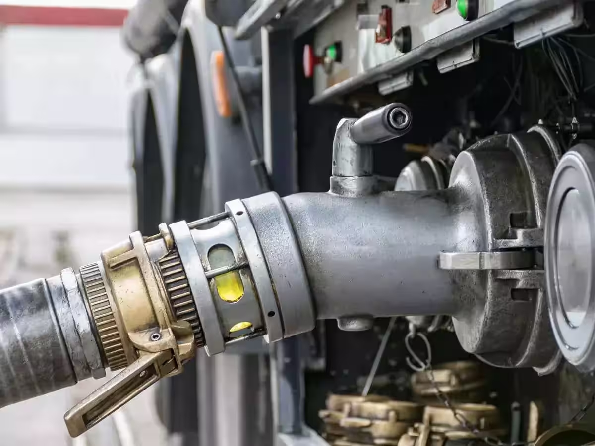 Fuel transfer hose and coupling on a delivery truck