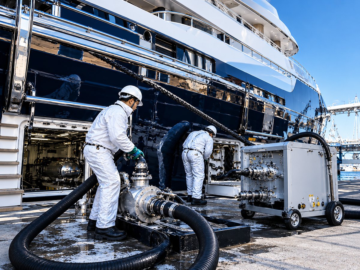 Two workers in white overalls and helmets handling hoses and pumps beside a yacht at the dock
